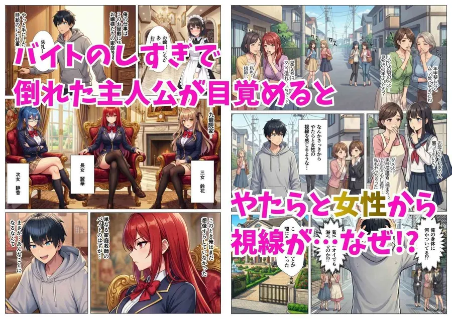 【無料エロ漫画・同人】【貞操逆転した世界】家庭教師のバイトのはずがお嬢様3姉妹に搾り取られる話-1枚目